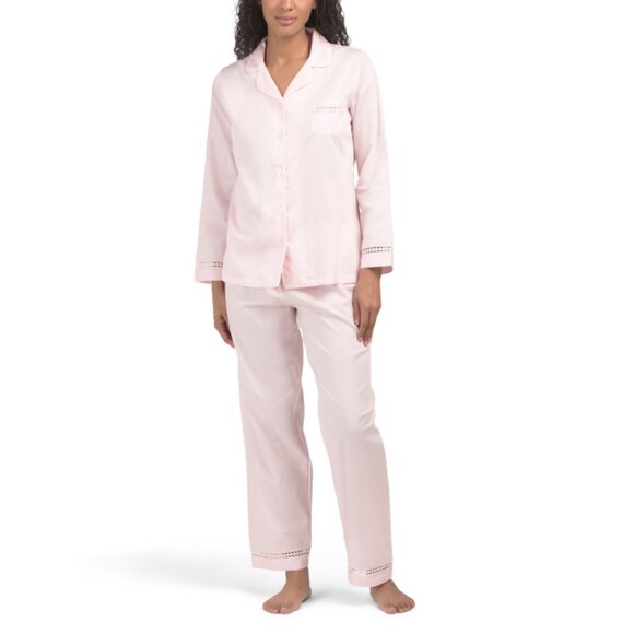 MARELLE Pink 2pc Pima Cotton Madison Notch Collar Top And Pants Set